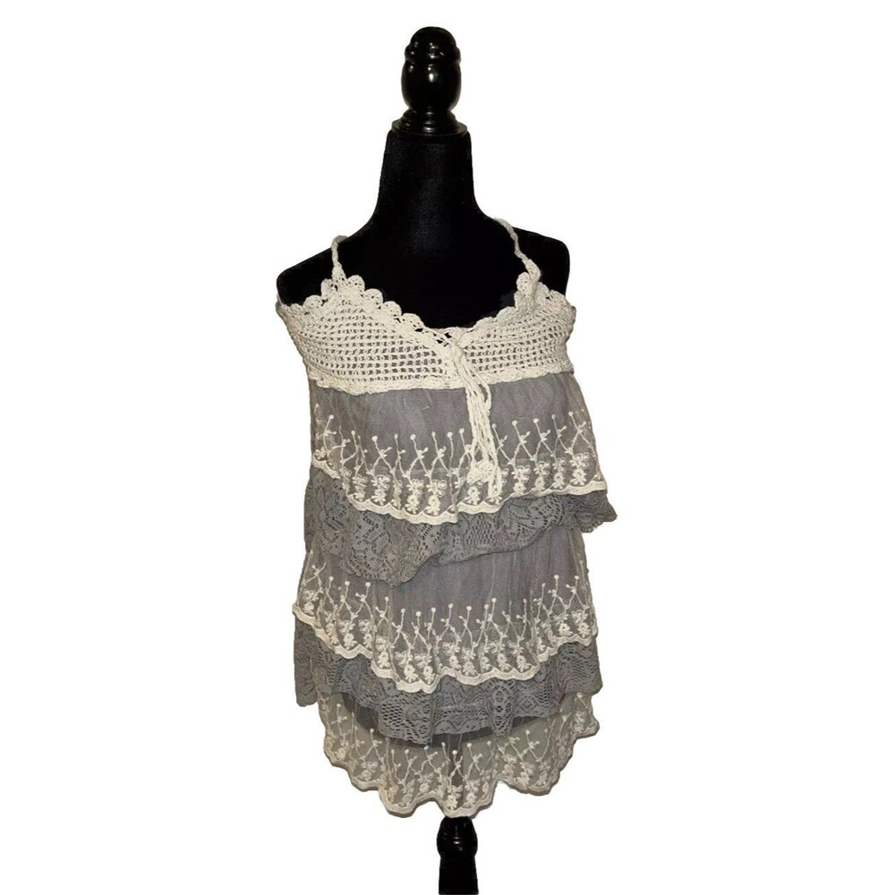 Gray & Cream Crochet Ruffled Design Sleeveless Small Short Pullover Dress